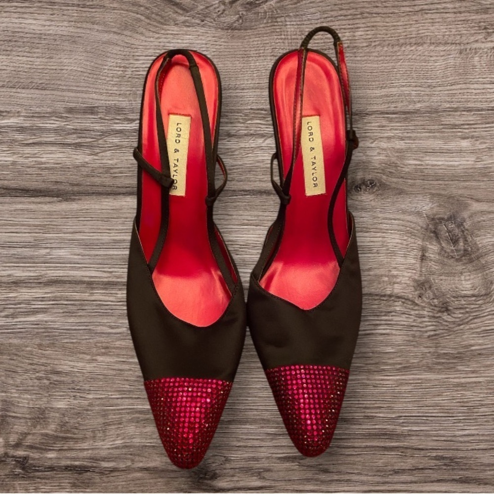 Vintage Lord and Taylor Sling Back Red Rhinestone Shoes. Size 7